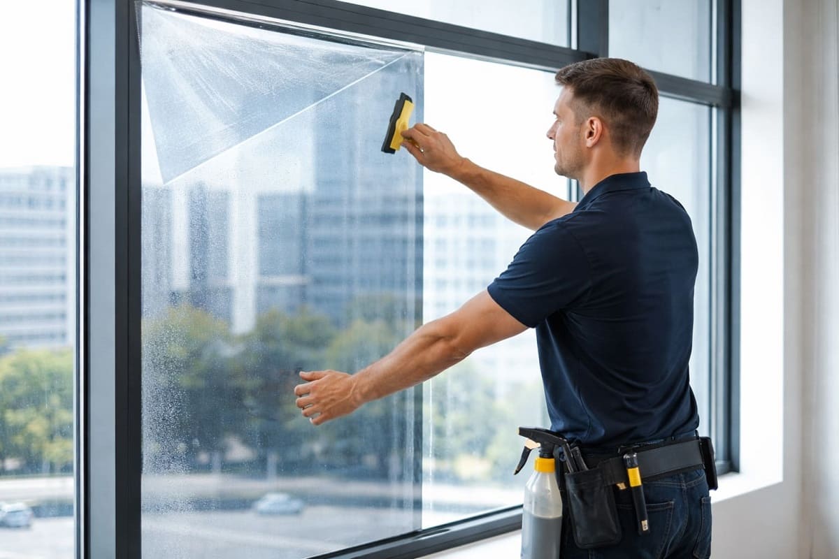 Montage einer Sonnenschutzfolie auf einer Büroglasscheibe